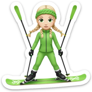 Green eyed cute Blonde girl with braids standing on skis  sticker