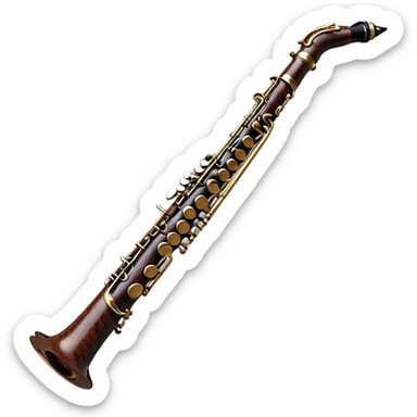 Create a detailed and unique emoji representing a clarinet with a saxophone-style mouthpiece. The design should feature the sleek, dark wood finish of the clarinet, with its shiny metal keys clearly visible, but at the top, include the large, curved mouthpiece typical of a saxophone. The mouthpiece should have a reed, similar to the one used in a saxophone, with subtle details to indicate its function. Use dark wood tones for the body of the instrument and silver or brass accents for the keys. Add small musical notes or soundwaves around the instrument to evoke its smooth, melodic sound. The background should be transparent sticker