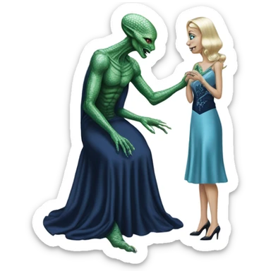 alien reptilian green skin woman, in long slim pastel blue formal party satin dress with gradient shiny sparkling navy blue diamonds embroidered , and caucasian man in black dres on his knees asks her to marry her sticker