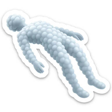 side view of unconscious person flying torso up, legs and arms down, made of small very bright white fluffy convex clouds, matte glass style sticker