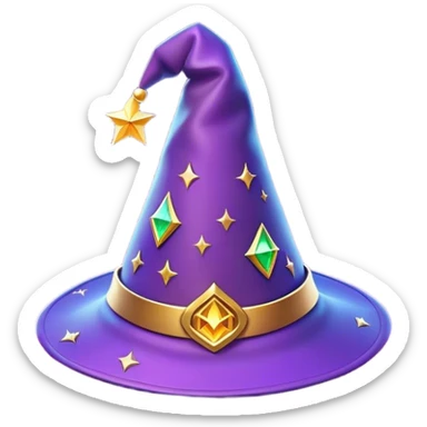 Clash of Clans aesthetic: Cinematic Playful Wizard's Hat Emoji, rendered in a 3D vector-style similar to standard emojis with minimal shading and bold, simplified shapes. A compact, isometric pointy hat with a wide brim adorned with mystical symbols and subtle enchanted shimmer, softly glowing with a magical whimsical charm. Simplified yet unmistakably iconic, highly detailed and consistent, glowing with a soft radiant glow and high shine. Stylized with a touch of classic sorcery and a soft glowing outline, capturing the essence of a legendary wizard’s hat with a friendly, playful manner! sticker