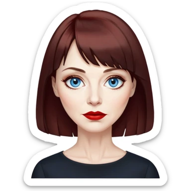 Artistic woman in her late 50s with pale skin, wider face, visible age lines around eyes and mouth, blue eyes with eyeliner, thin eyebrows, red lipstick, dark auburn hair with bangs styled more conservatively, wearing a black top sticker