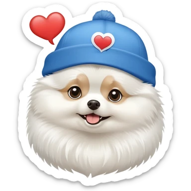 White Pomeranian wear a blue cap say "I love in see" in the bubble box sticker