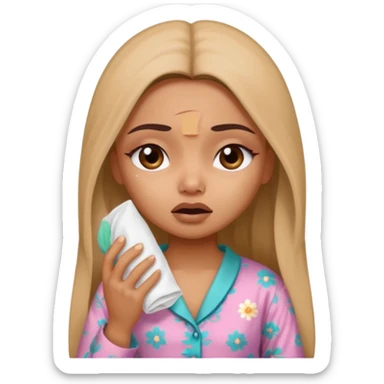a pretty bratz fair indian girl wearing a brown pajamas, dark circles, crying, holding tissues sticker