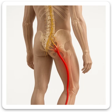 Hyperrealistic anatomical view of sciatica: human body standing with one leg slightly bent, visible spine, bones, and nerves, sciatic nerve highlighted in red, clear anatomical details, white background, 4K quality. sticker