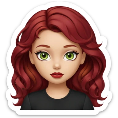 a pretty fair bratz girl with wavy dark red hair, wearing a black tee. eyeliner on, olive green eyes. Waist up sticker