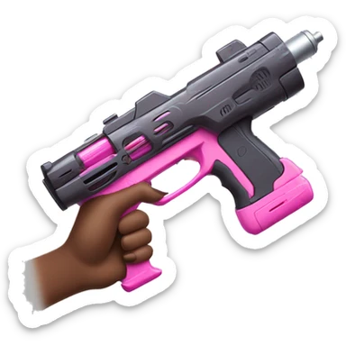 brown hand with pink nails holding large scary dark nerf gun sticker