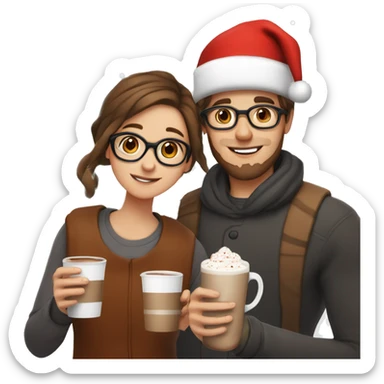 boy with brown hair and beard, brown eyes and square-rounded shaped glasses, and girl with white skin, brown straight hair and santa hat, both holding a white cup with hot chocolate sticker