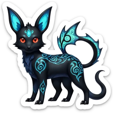 Shiny Fiery Dark Glowing Eldritch Horror Cool Edgy Badass Emo Glorious Demonic Batty Punky Aural Iridescent Fluorescent Bioluminescent Umbreon-Amaura-Salandit-Litten-Flareon-Fakémon-fusion (full body) with intricate pattern markings sticker