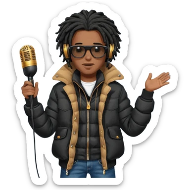 African American man brown skin complexion with black dreadlocks shoulder length wearing black bubble winter coat wearing black sunglasses with denim skinny jeans and timberland boots wearing headphones and rapping into a studio microphone sticker