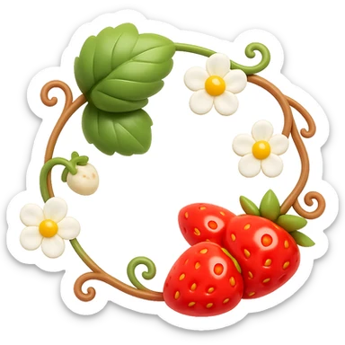 Create a 3D iOS-style illustration of a strawberry wreath featuring green leaves, white strawberry flowers, ripe strawberries, an elegant circular vine, soft lighting, and a glossy effect. The image should have no background. Use the GPT Image style for editing. sticker