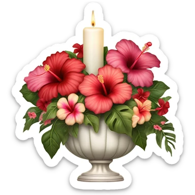 A vintage floral arrangement of hibiscus with a satin ribbon and a candlelit setting
 sticker