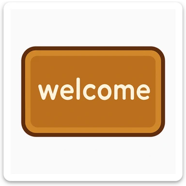 Create a simple emoji-style icon of a welcome door mat. Keep the rectangular shape and include the word 'welcome' clearly visible on the mat. The style should resemble a clean, minimal emoji look. sticker