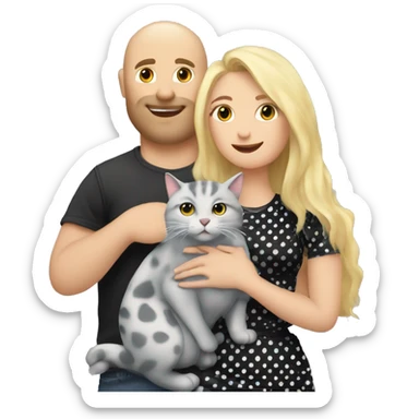 3 objects - a beautiful blonde with long hair and a polka-dotted dress, a bald handsome man in a cap and a rock T-shirt, and a fat gray cat with black spots. The man hugs the blonde and holds the cat in his hands sticker