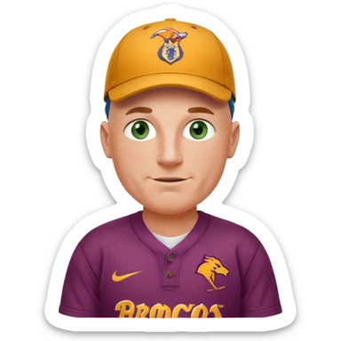 young-ish 50 year old man dressed in a brisbane broncos jersey, bald head, fair freckled skin, happy face, blueish green eyes, wearing brisbane broncos baseball style cap, picture should be down to waist, hands on hips in a player stance sticker