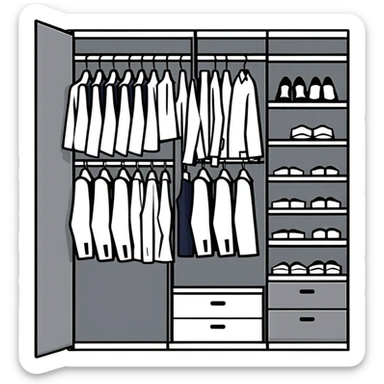 Simple closet with organized professional outfits, work wardrobe planning sticker