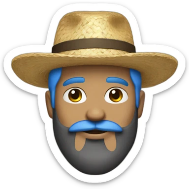 man black beard and mustache wearing straw hat with blue hair sticker