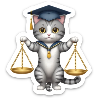 cat wearing a graduation cap, balancing the scales of justice on the tip of its tail sticker