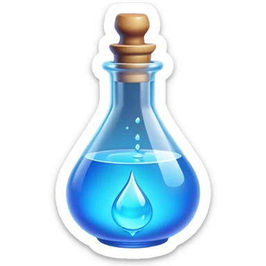 Clash of Clans aesthetic: Cinematic Playful Pixel 3D blue mana Potion Emoji, rendered in a 3D vector-style similar to standard emojis with minimal shading and bold, simplified shapes. A compact, distinct form with signature details, softly glowing with a pixelated adventure charm. Simplified yet unmistakably iconic, highly detailed and consistent, glowing with a soft radiance and high shine. Stylized with a touch of classic pixel-art charm and a soft glowing outline, capturing the essence of a beloved gaming relic with a friendly, playful manner! sticker