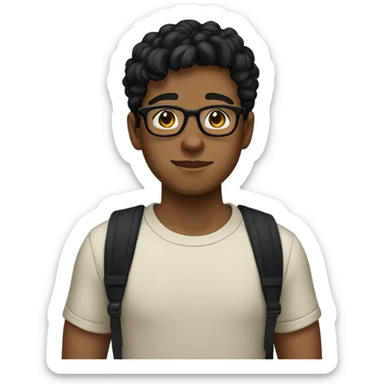 teenage boy with black wavy hair and glasses and a black short sleeve shirt and tan skin sticker