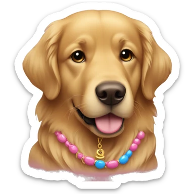 a golden retriever that is chocolate color with one eye blue and the other eye yellow with a pink necklace  sticker