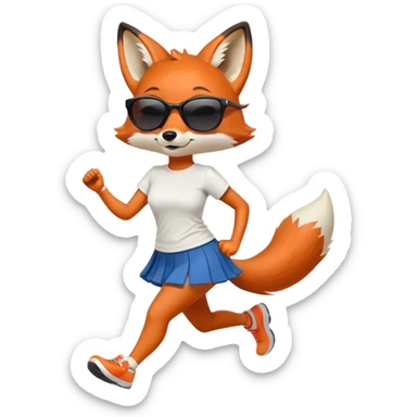 friendly anthropomorphised female fox in skirt and t-shirt, wearing dark sunglasses, jogging upright in standard pose sticker