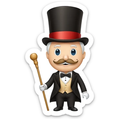 Rich Uncle Pennybags with mustache, top hat, tuxedo, and cane sticker
