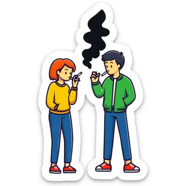 Cartoon couple sneaking into wedding ceremony, both smoking marijuana, full body, tiptoeing with hunched posture sticker