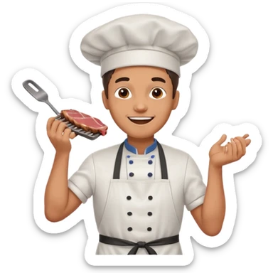 A cheerful man in an apron flipping meat on a sizzling grill with smoke puffing upward. sticker