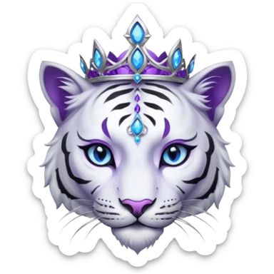ESO Female white/black tiger khajiit leader of the umbral rose, glowing blue eyes, glowing blue 'third eye' gem; beautiful desined purple gemmed silver tiara sticker