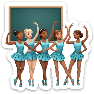 Icon for Choreography: a group of dancers in matching poses, with a choreographer standing by a board giving instructions. The icon should capture the coordination, precision, and creative direction in dance. Transparent background. sticker