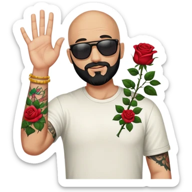  Bald man with sunglasses black beard raising hand with only one colorful roses tattoo on forearm  sticker