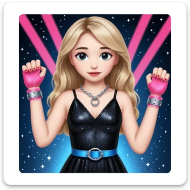 Sabrina carpenter at concert wearing a black sparkly dress with a silver sparkle v neck she is holding up pink handcuffs towards audience and kneeling, blue and red lights setting  sticker