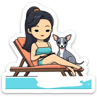 Very thin and slim Chinese woman with long black hair in elegant pool attire relaxing on a comfortable spa lounger at a luxury spa pool with only ONE Italian greyhound that is COMPLETELY solid dark grey with ABSOLUTELY ZERO white markings anywhere - 100% uniform dark grey color only - the single dog is relaxing on or beside the lounger sticker