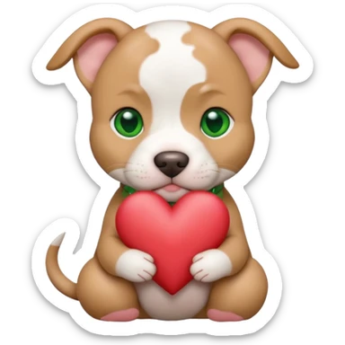 White and tan pitbull puppy with green eyes and cropped ears holding a heart sticker