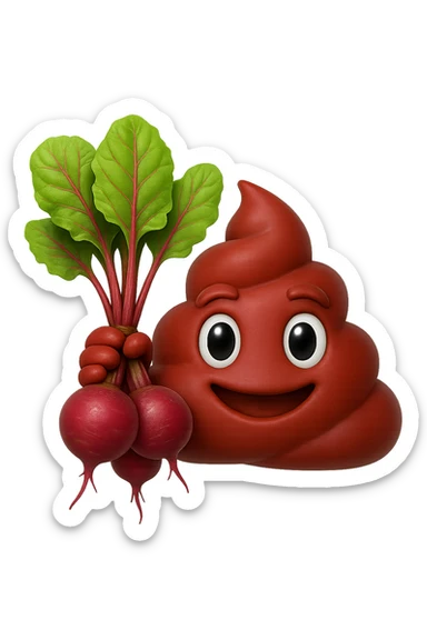 emoji stile iphone 3d di una cacca rossa con barbabietole in mano, iperrealistiche 4k sticker