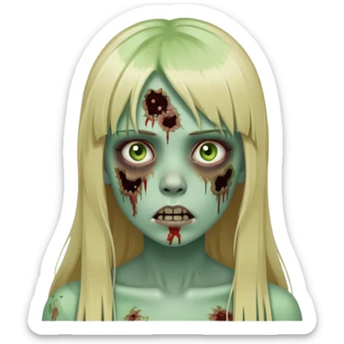 zombie girl with pale green skin, visible wounds, long blonde hair with straight bangs, dead eyes sticker