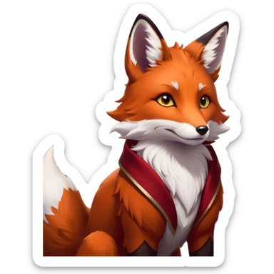 Cinematic Noble Fox Portrait Emoji, Poised and regal, with a lithe, agile build and a lush, fiery red Fur accented by white markings on the chest and tip of the tail, deep-set soulful amber eyes, Simplified yet sharp and sophisticated features, highly detailed, glowing with a warm, dignified glow, high shine, intelligent and cunning, stylized with an air of wild elegance, focused and attentive, soft glowing outline, capturing the essence of a watchful and confident forest wanderer, so majestic it feels as though it could dash out of the screen with effortless authority! sticker