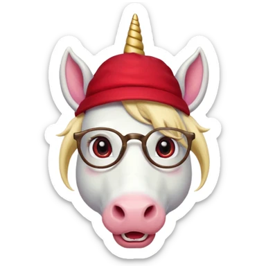 unicorn face cute wearing cute red hat, horn piercing through the hat looking in the camera, blond hair and spectacled. with big horn sticker