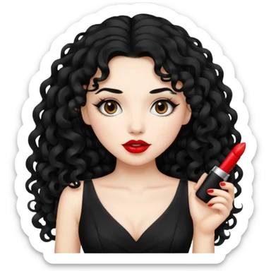 long black curly hair with white skin black dress and lipstick sticker