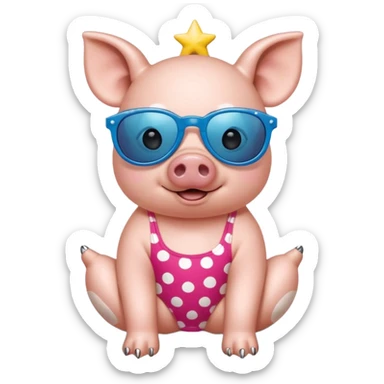 cute pig wearing  star-shaped sunglasses and polka dot bathing suit on all fours with nail polish, with a name tag saying hi my name is gerald sticker