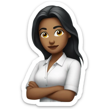 A woman with a confident expression, arms crossed, long black hair, wearing a bright white shirt
 sticker