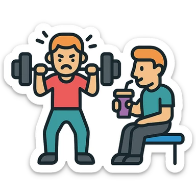 one man lifting weights with effort, the other man sitting and sipping a smoothie, icon style, minimal and clear contrast sticker