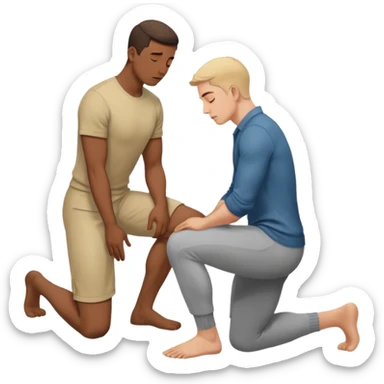 one guy standing up and the other guy is on both of his knees in front of said guy standing up who is loookg down at him and guy on knees is looking up at him sticker