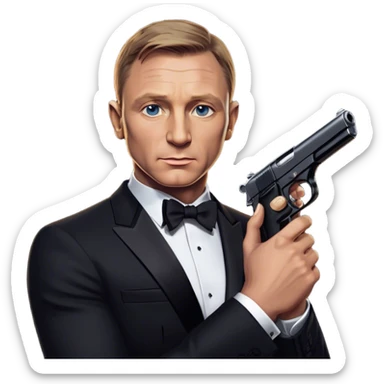 Cinematic Realistic James Bond Daniel Craig Portrait Emoji, depicted as the ultimate suave and enigmatic secret agent, donning a sharply tailored tuxedo, gripping a sleek handgun, with a piercing gaze that exudes confidence and danger. The scene is infused with moody, high-contrast cinematic lighting, evoking the thrilling world of espionage and intrigue. sticker