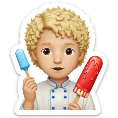 boy blonde curly hair, chef, eating ice pop sticker
