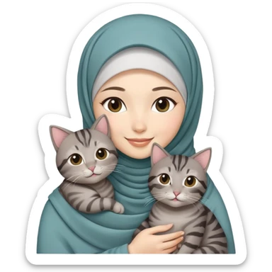 Asian white girl wearing hijab with dress holding a black grey tabby cat while smiling sticker