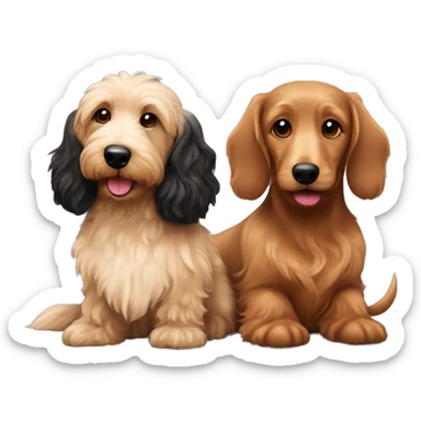 Brown golden doodle and black and tan and cream longhair dachshund sitting together  sticker