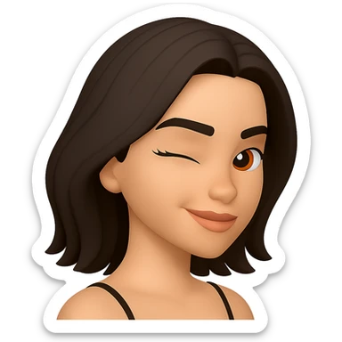 Create a slight sideways (three-quarters) view of the character winking in the same style as the reference image. Maintain transparent background. sticker