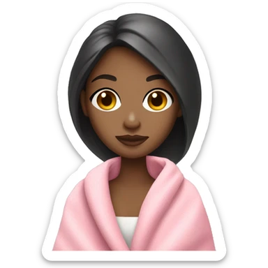 a girl with light skin and dark hair and a glass of white wine wrapped in a pink blanket sticker